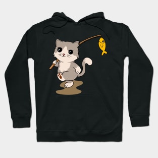 Feline Fisher: Cat with Fishing Rod and a Catch - Adventurous Tee for Cat Lovers Hoodie